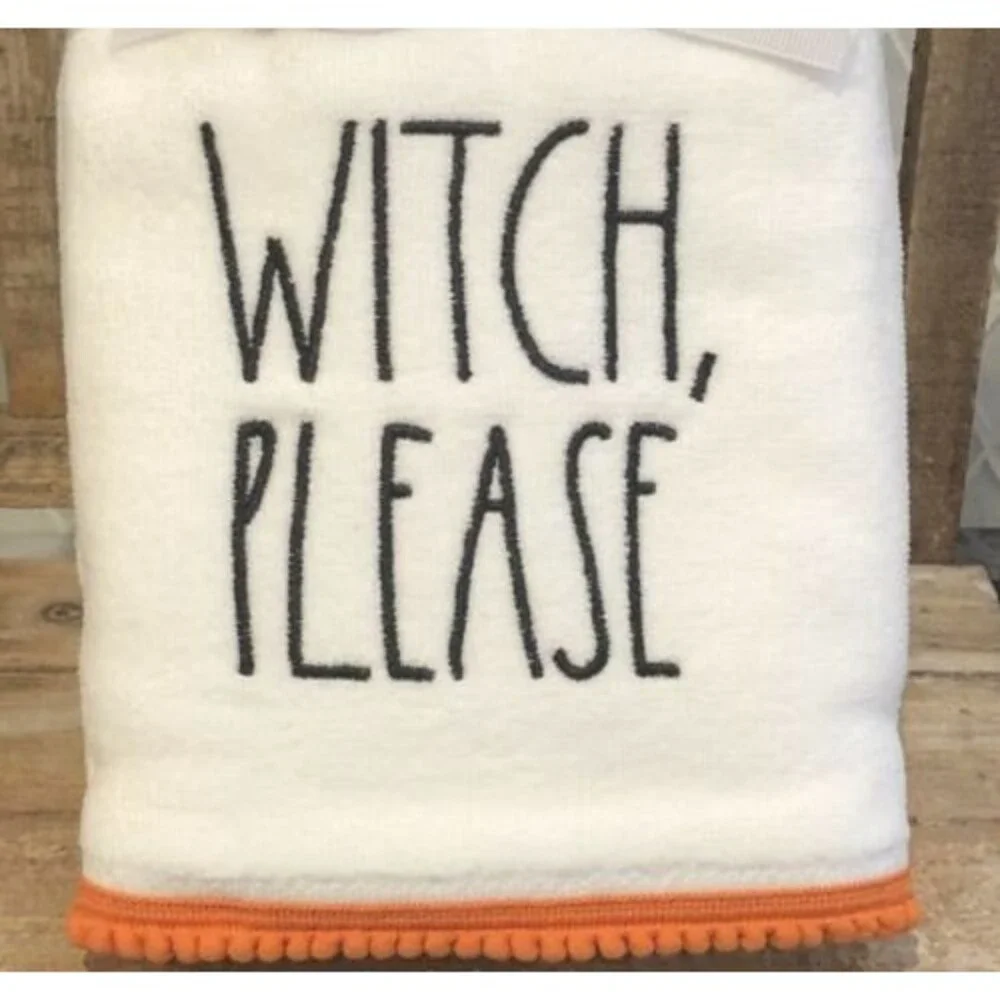 Rae Dunn Halloween WITCH PLEASE 2 Hand Towels w Black Lettering & Orange Trim